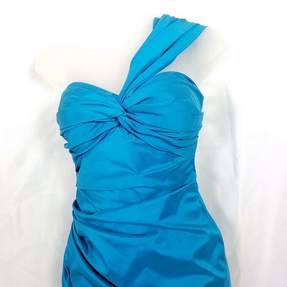 David Meister Formal Dress Ruched Teal Blue Size 2 Asymmetrical Ruched Long - Picture 4 of 14